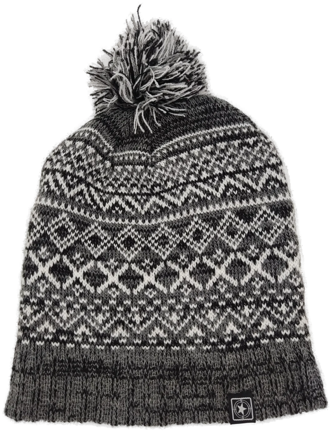 Haube "Musterstrick", gestrickt mit Bommel, grau/weiß – Bild 1