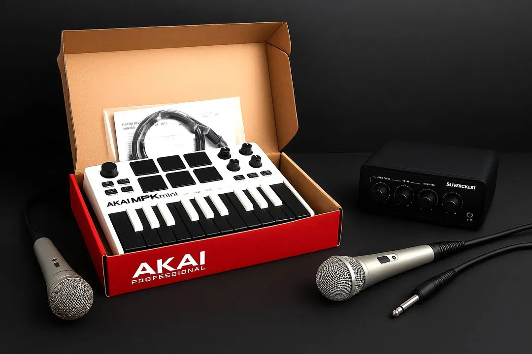 Akai MPK mini Special Edition MIDI Keyboard Controller + 2 Stk. SilverCrest Mikrofone + SilverCrest Audio/Video-Mixer bzw. Verstärker-Einheit - Bild 1