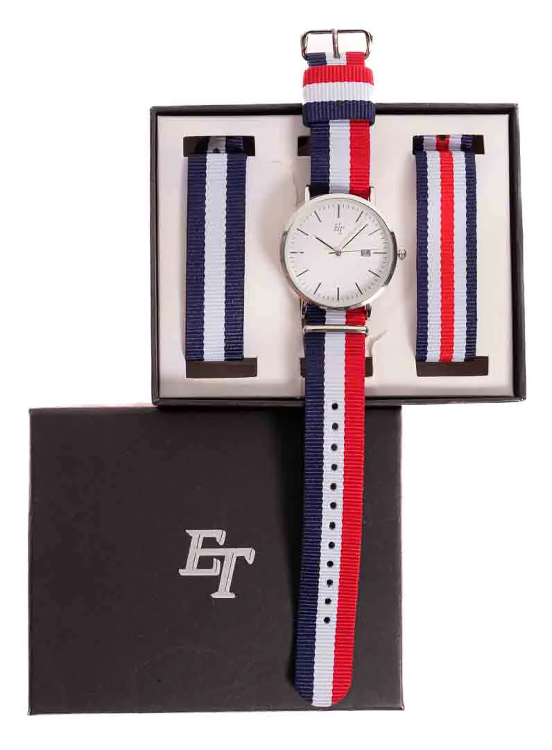 ET Quarz Armbanduhr, weißes Zifferblatt, Datum mit 3 Bänder - Bild 4