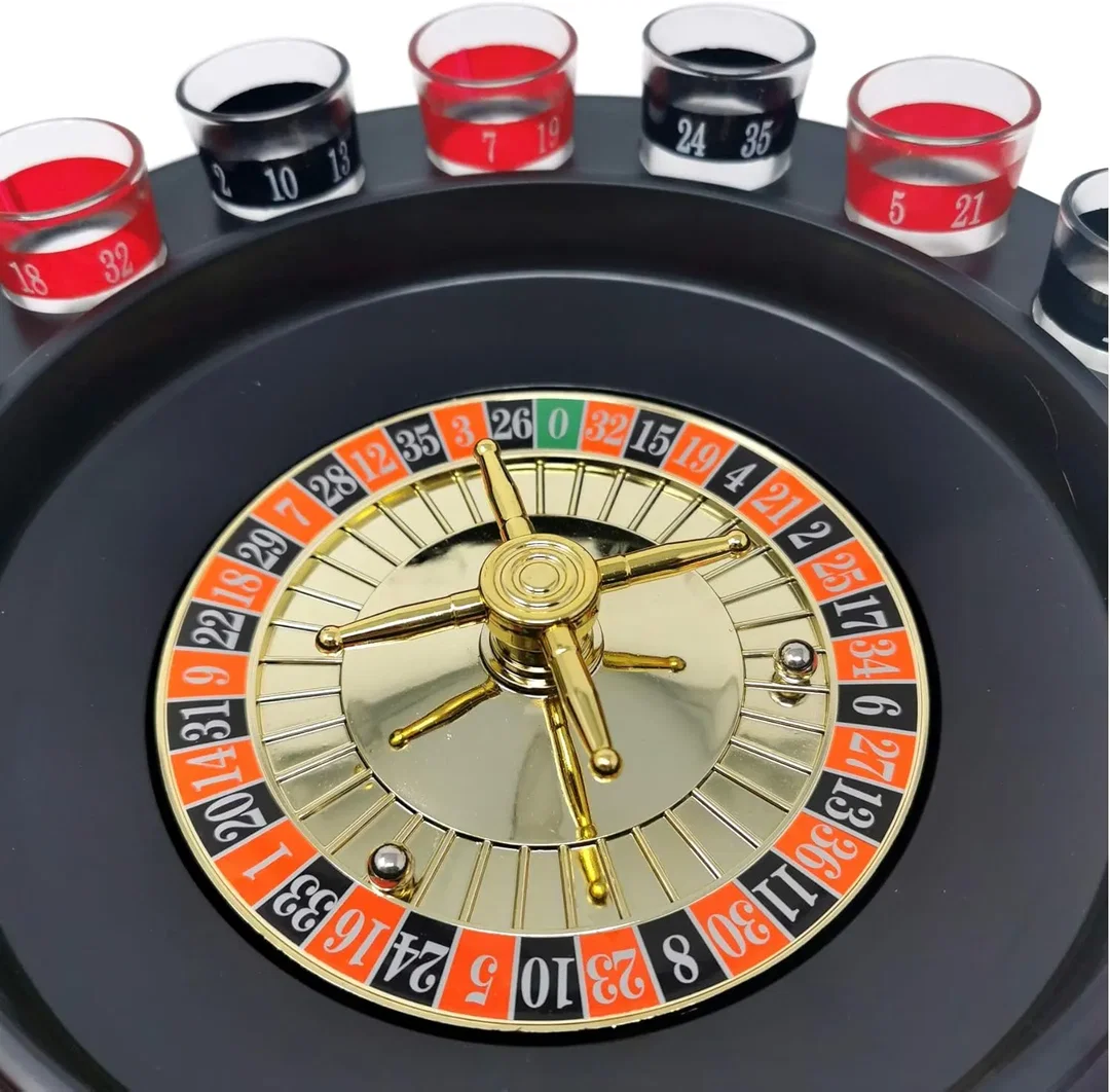 Trinkspiel Roulette – Drinking Game – Partyspiel mit Roulette & 16 Schnapsgläsern, Original Karton – Bild 2