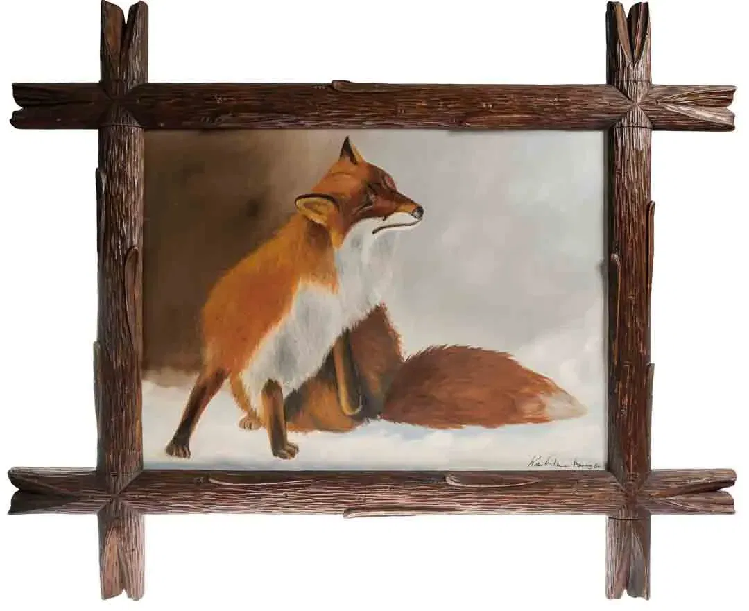 Fuchs im Schnee – Ölbild, rustikaler Holzrahmen, signiert 1986, 90×76,5 cm - Bild 1