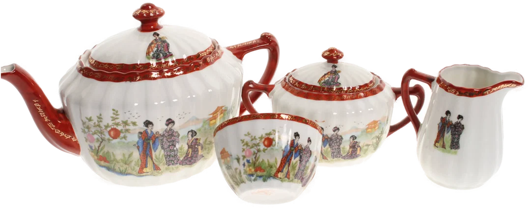 Japanisches Porzellan-Teeset mit Geisha-Dekor – 4-teilig, handbemalt, rot-gold – Bild 2