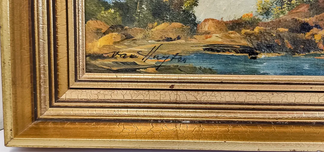 Ölgemälde Flusslandschaft signiert Van Huyten im prunkvollen Goldrahmen – Bild 3