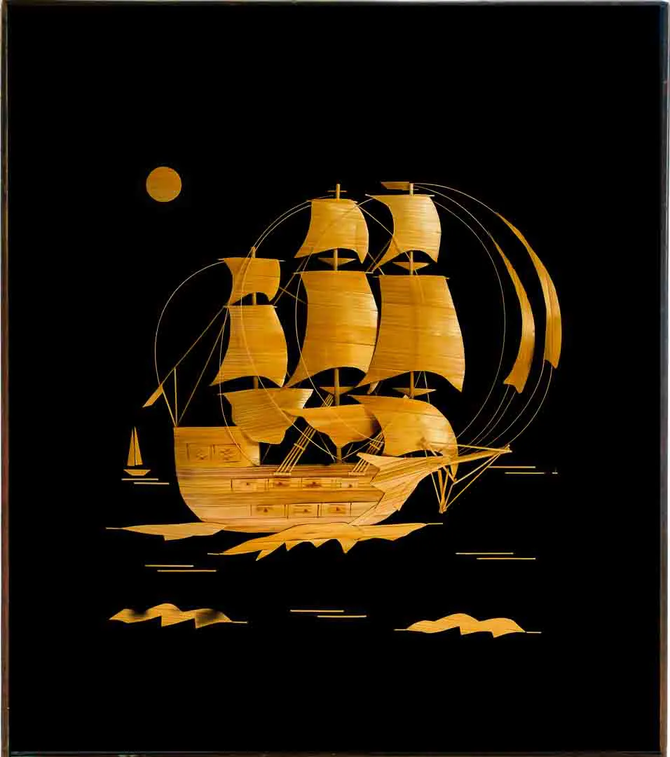 Vintage Strohbild „Fregatt Pallada“ | sowjetisches Wandbild | Handarbeit aus Stroh | maritimes Motiv | UdSSR 1986 – Bild 2