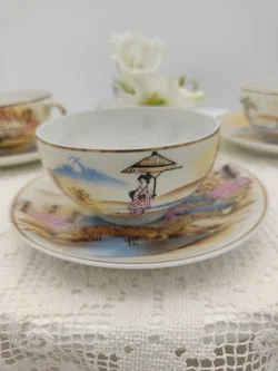 Japanische Teetasse mit Untertasse 4er-Set Porzellan Landschaftmotiv | Asiatische 'Kutani' Stil - Bild 5