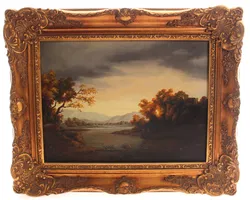Ölgemälde Landschaft mit Fluss und Burg – Öl auf Holz, gerahmt, 40x30 cm - Bild 1
