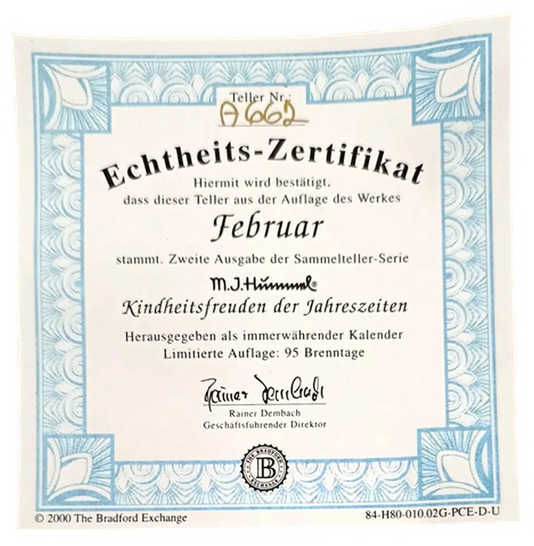Sammelteller „Kindheitsfreuden der Jahreszeiten“ von M.I. Hummel - Februar (Teller A 662) – Bild 3