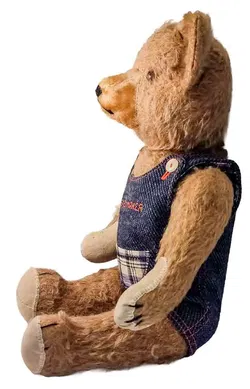 Vintage Teddybär 35cm mit Jeans-Latzhose Bestickung MONEYMAKER Beige - Bild 2