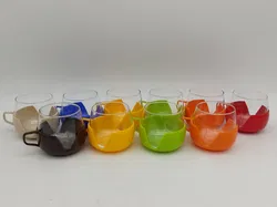 10 Stk. Vintage-Trinkgläser inkl. Plastikhalter - 70er Jahre - kunterbunt - Made in Holland - Bild 3