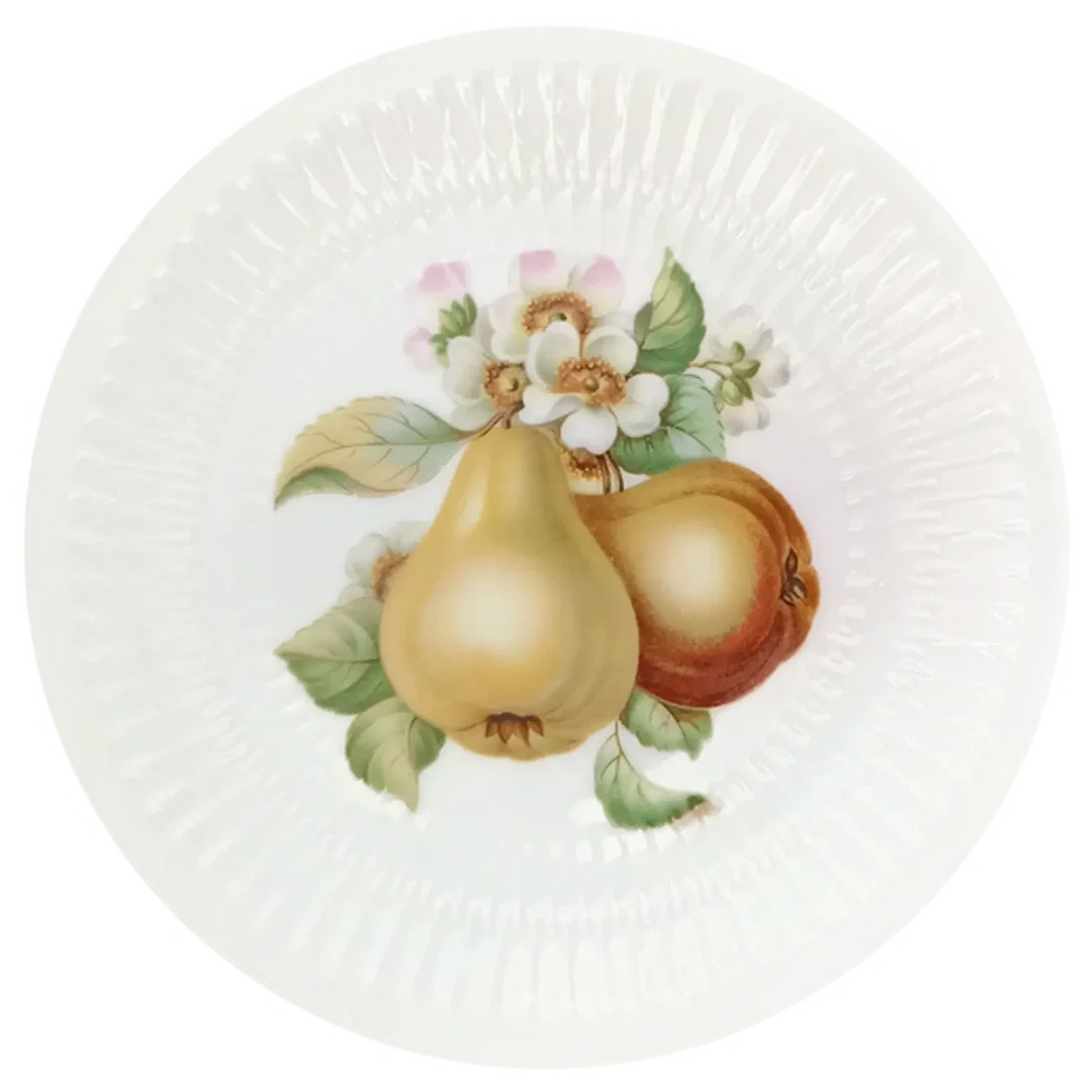 Vintage Hutschenreuther Selb - strukturierte Porzellan-Kuchenplatte mit 6 Gebäcktellern (Serie Apart / Obst-Serie) – Bild 9