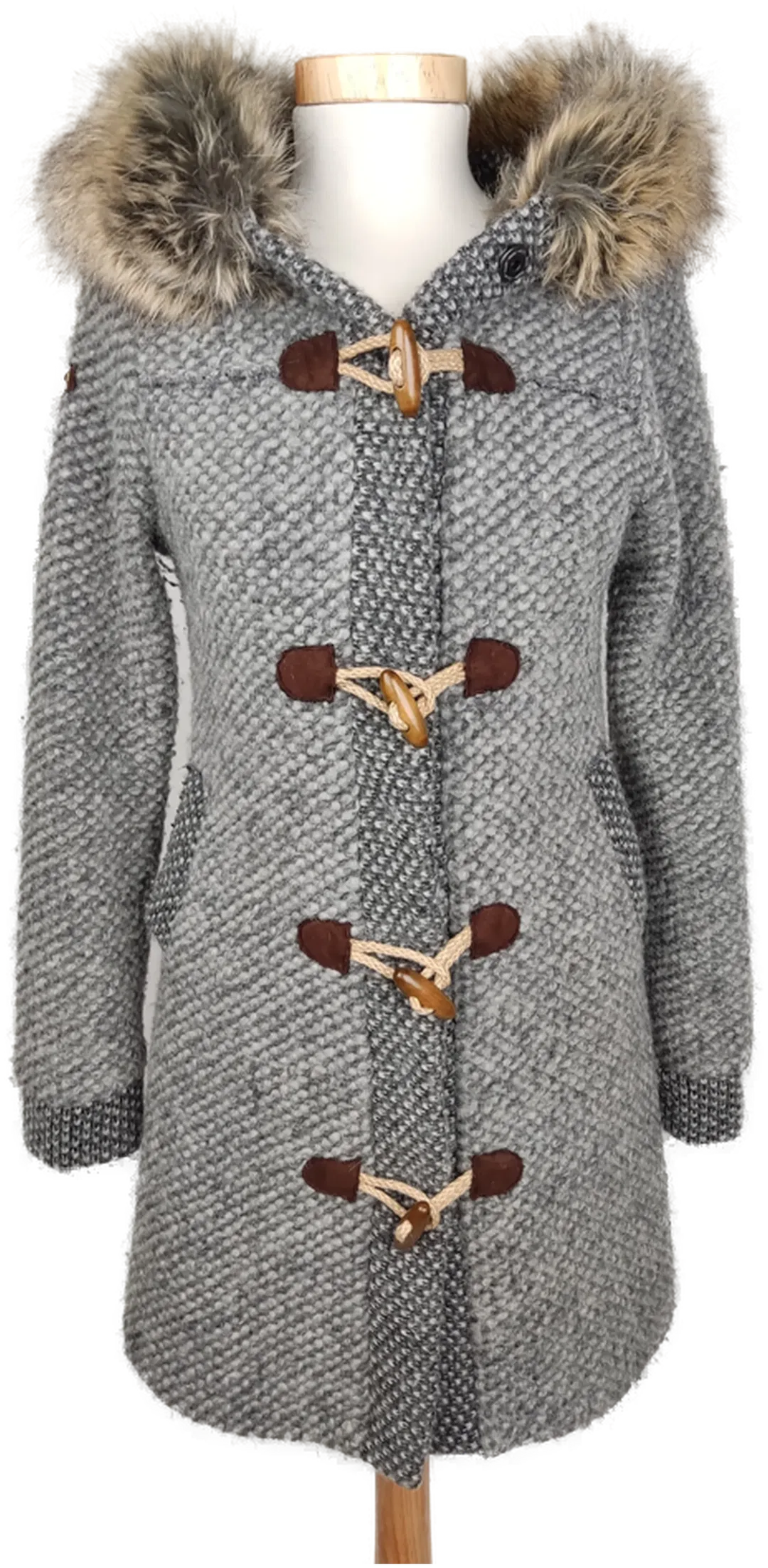 Fred Mello Damen Kapuzenstrickjacke mit Pelzkragen grau - M/38 - Bild 1