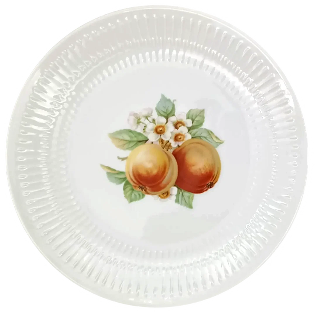 Vintage Hutschenreuther Selb - strukturierte Porzellan-Kuchenplatte mit 6 Gebäcktellern (Serie Apart / Obst-Serie) – Bild 2