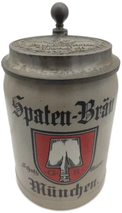 Bierkrug Spaten-Bräu München Steinzeug, Geprägter Zinndeckel 0,5 L | Sammlerstück - Bild 2