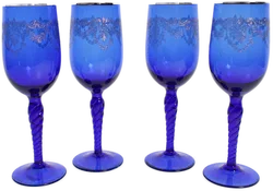 4 Weingläser aus kobaltblauem Glas mit Goldrand und Ornamentgravur - Bild 1