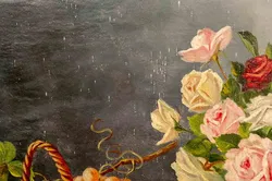 Vintage Bild Gemälde mit Geschichte Stillleben Obstkorb Blumen Vase Öl auf Leinwand A.Nemecek - Bild 3