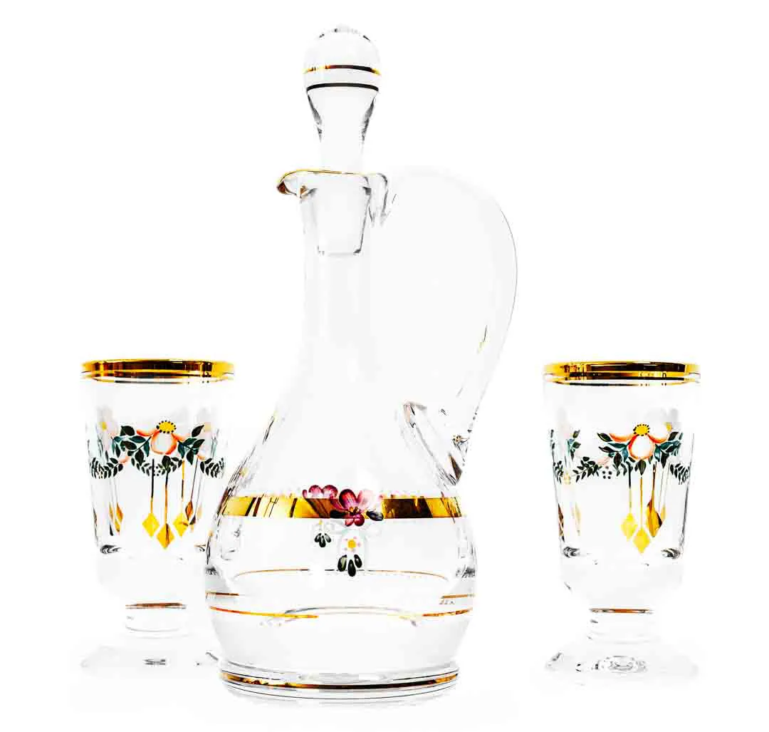 Karaffe mit 2 Gläser, Kristall, bemalt, Goldrand – Bild 3