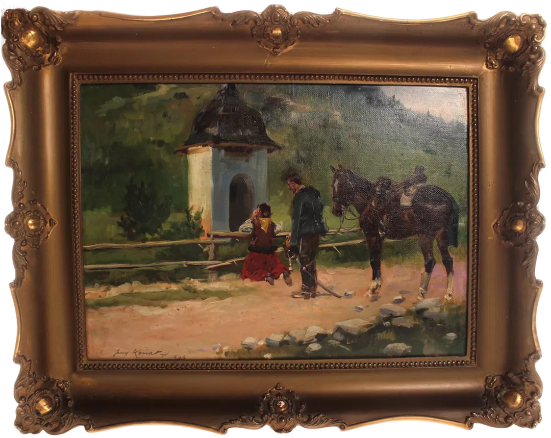 Signiertes Ölgemälde 1930 – Alpenländische Szene mit Bildstock, Pferd und Figuren - Bild 1