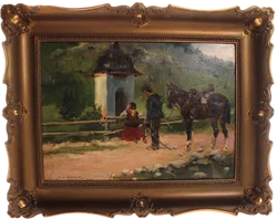 Signiertes Ölgemälde 1930 – Alpenländische Szene mit Bildstock, Pferd und Figuren - Bild 1