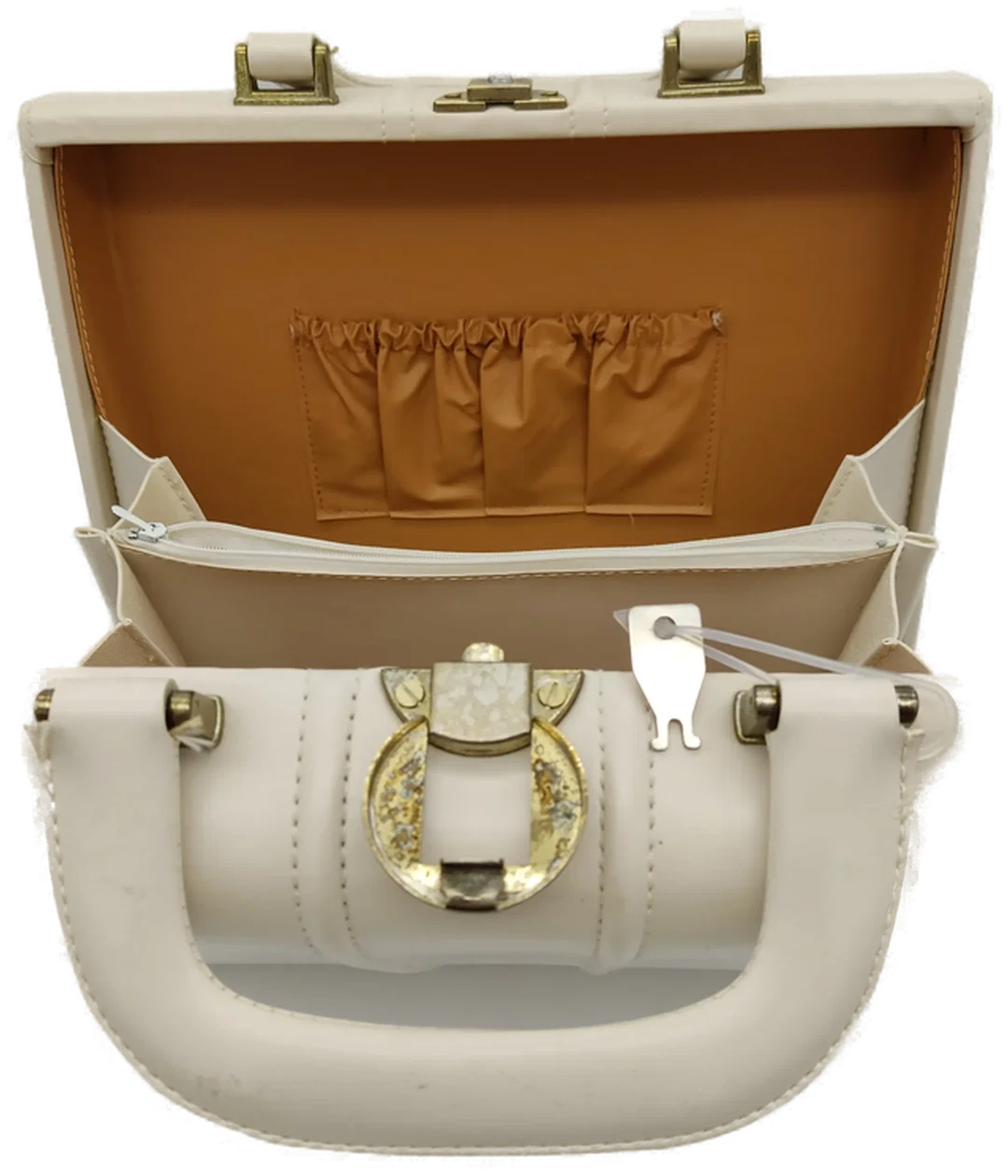 Vintage Leder Kosmetikkoffer mit Schlüssel weiss/beige/braun, ideal für Reisen – Bild 4