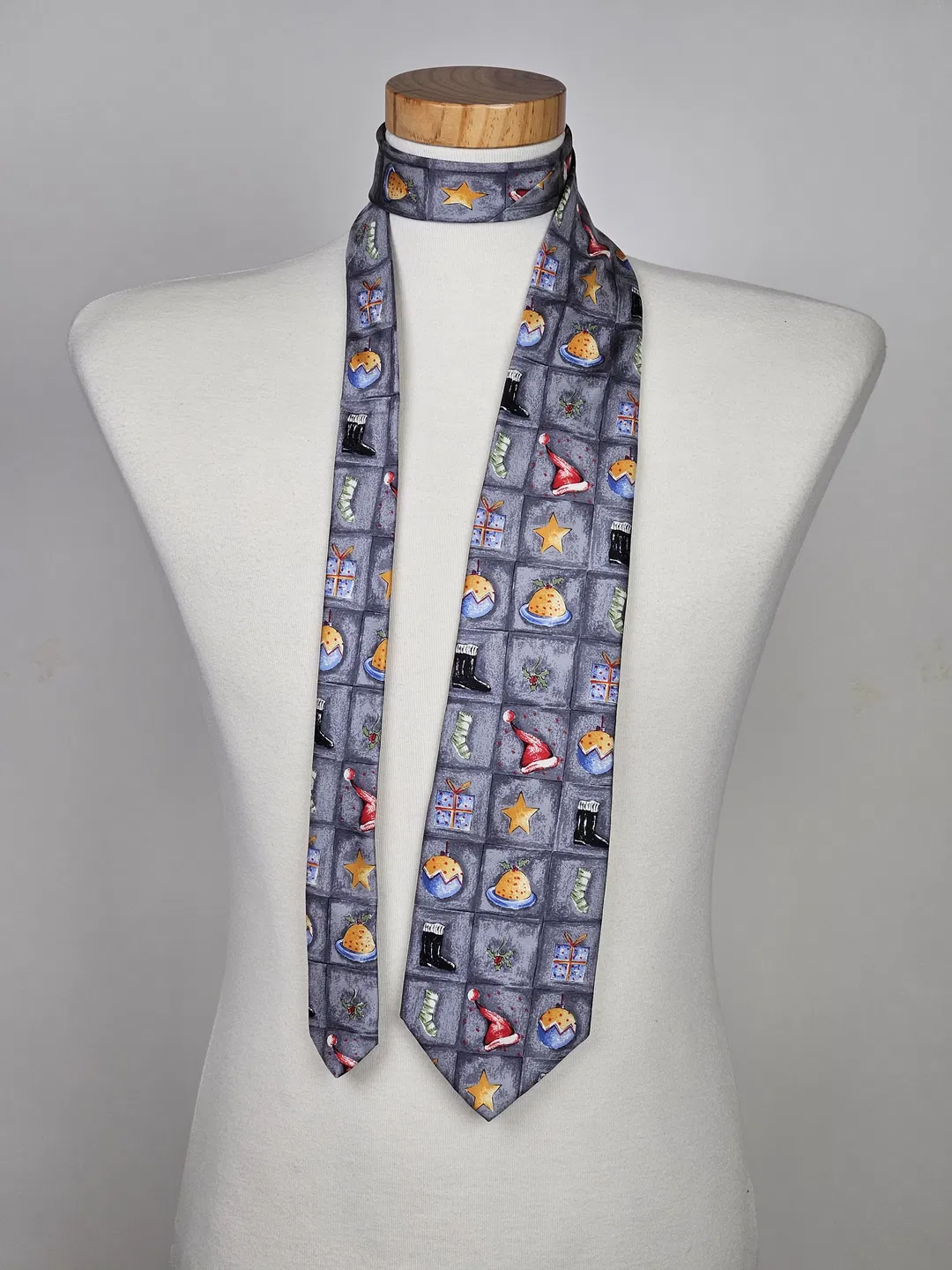 Edle Vintage Tie Rack Seidenkrawatte mit Weihnachts-Motiven Windsor Collection, Grau - Made in Italy - Bild 1