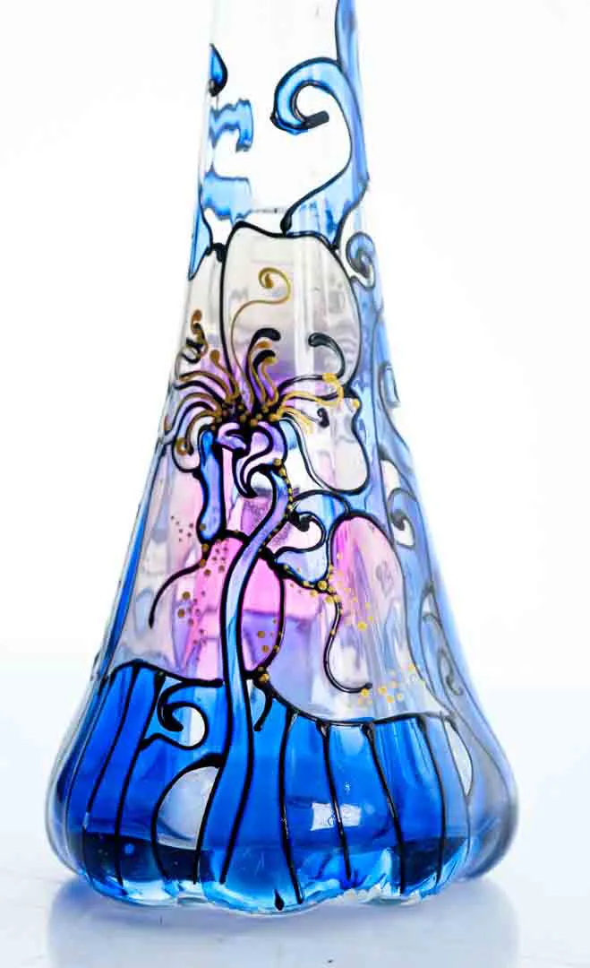 Handbemalte Glasvase mit Blumenmotiv in Blau und Lila 30 cm – Bild 4