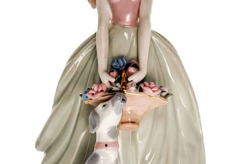 PMI Porzellan Figur Mädchen mit Blumenkorb und Hund  – Bild 2