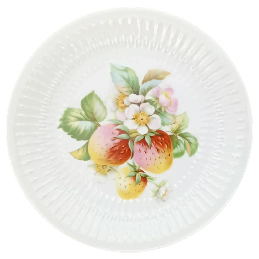 Vintage Hutschenreuther Selb - strukturierte Porzellan-Kuchenplatte mit 6 Gebäcktellern (Serie Apart / Obst-Serie) – Bild 4