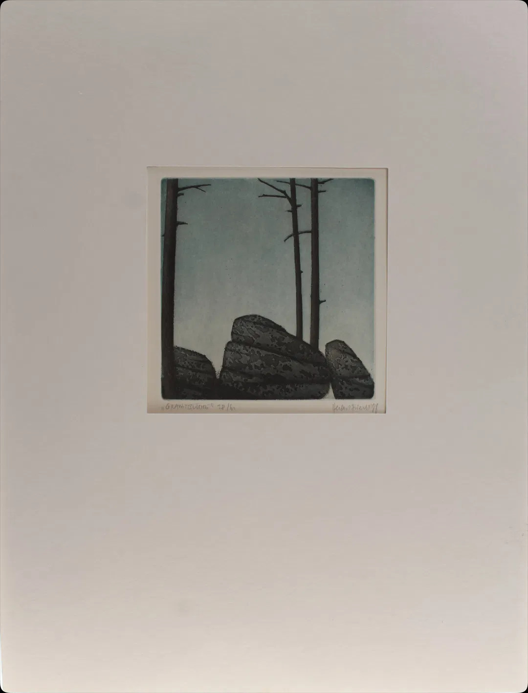 Ralph Illies – „Granitblock / Winter“, Farbradierung, 72/100, signiert (1987) - Bild 1
