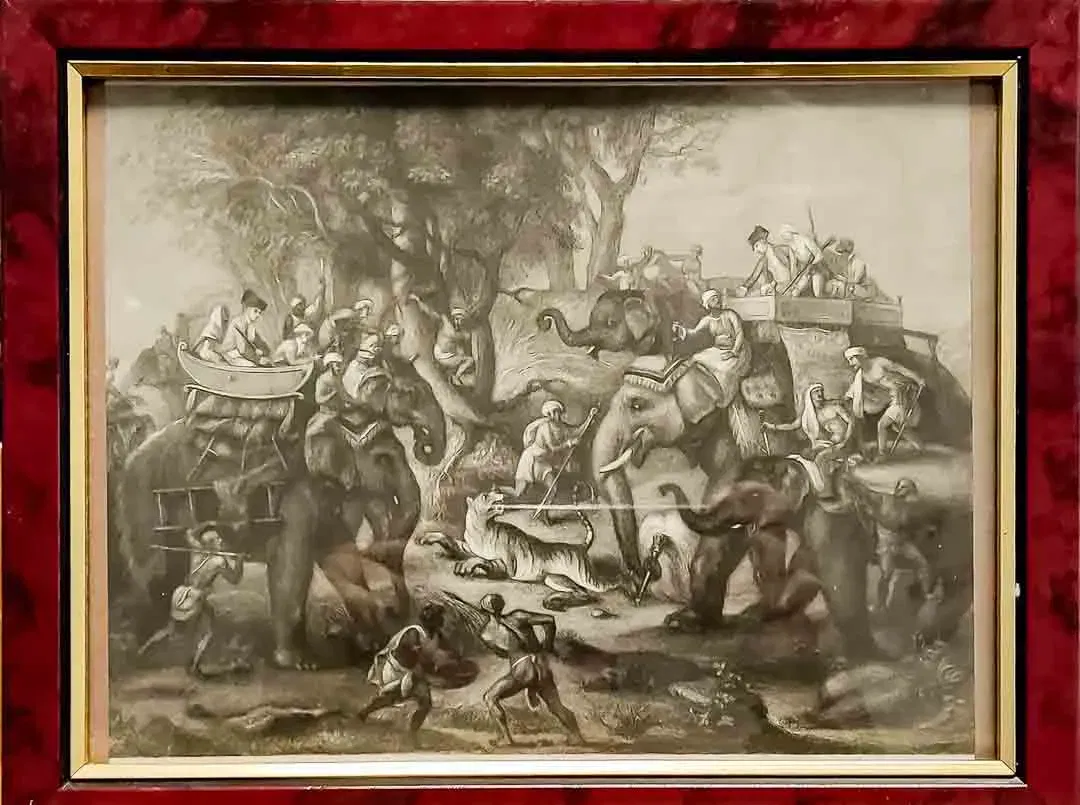 Original Stahlstich 1843 „Elefanten-Jagd auf Tiger“ im Rahmen 27x21 cm - Bild 1