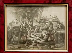 Original Stahlstich 1843 „Elefanten-Jagd auf Tiger“ im Rahmen 27x21 cm - Bild 1