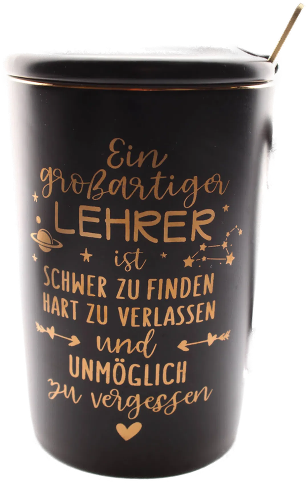 Geschenkset Tasse Lehrer – Schwarze Keramiktasse mit Deckel & Löffel, Spruch „Ein großartiger Lehrer ist schwer zu finden“ - Bild 1