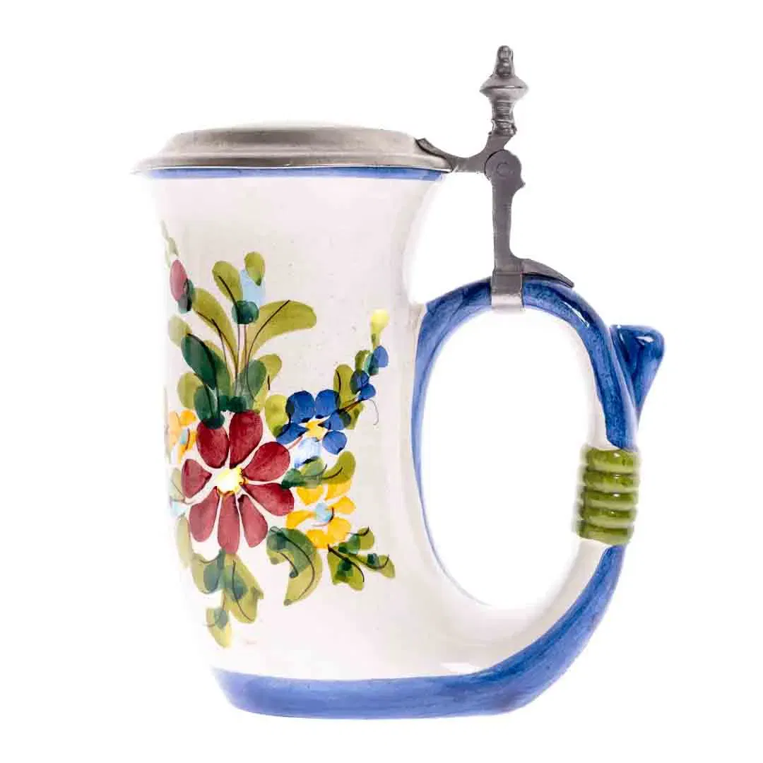 QUIST Handgemachter Keramik Krug mit Zinndeckel mit Blumenmotiv - Bild 1