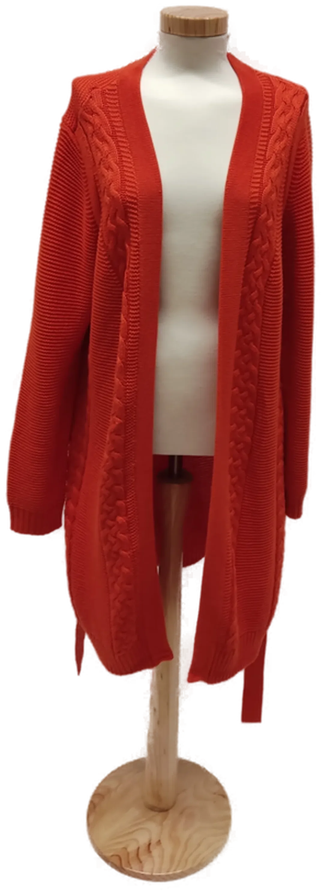 Lange Damen Strickweste mit Bindegürtel und Zopfmuster, Langarm, Orange, Gr. M - Bild 1