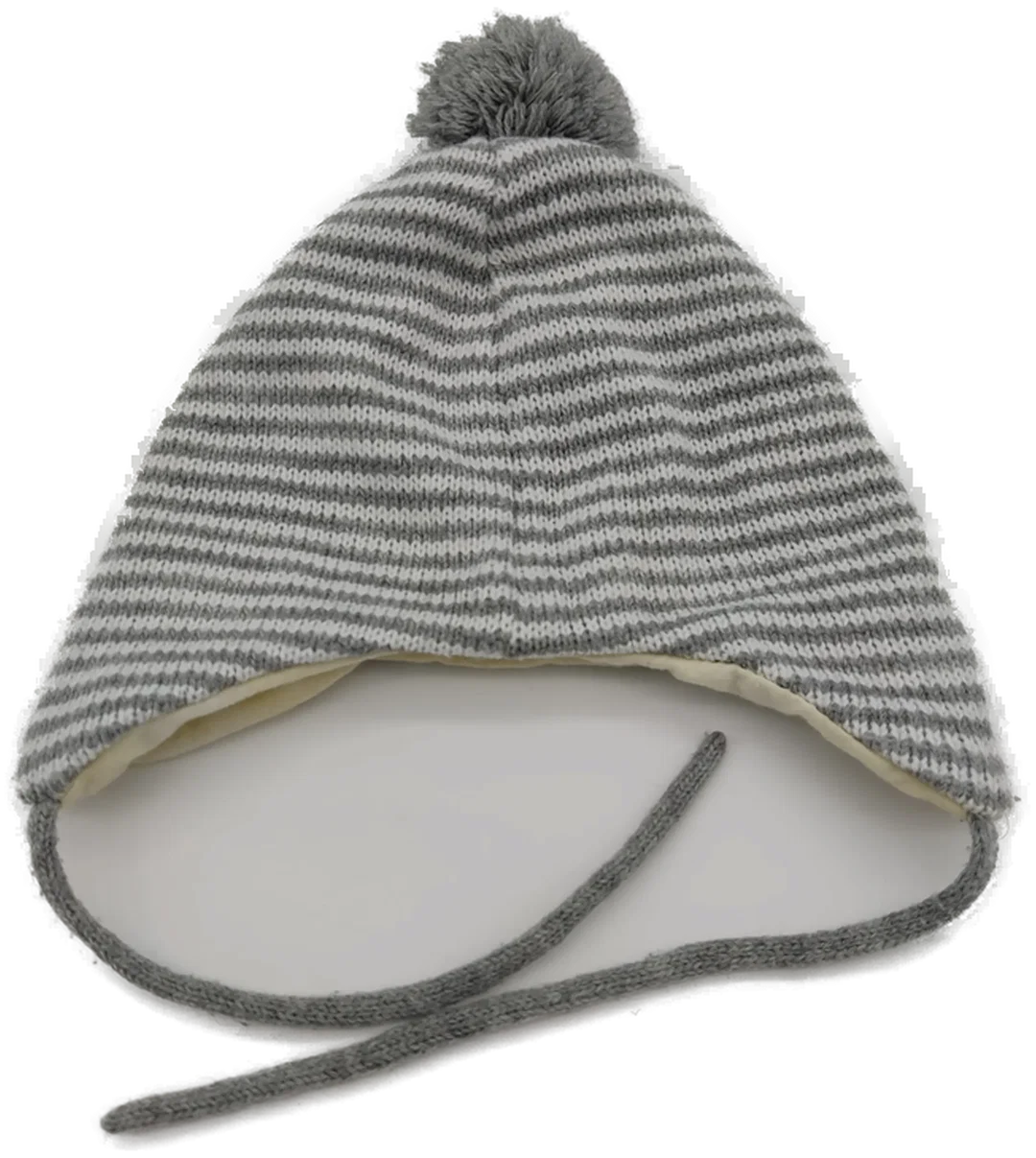 Haube "H&M", gestrickt, weiß/grau gestreift und gefüttert, Größe 62/68 – Bild 2