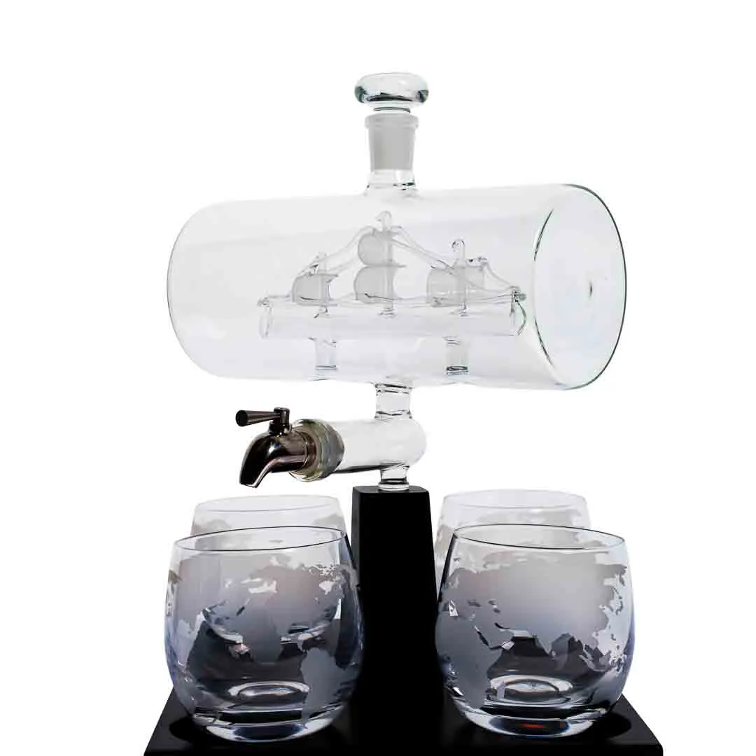 Oak & Steel – Schiff-Dekanter-Set mit 4 Gläsern und Originalverpackung – Bild 3