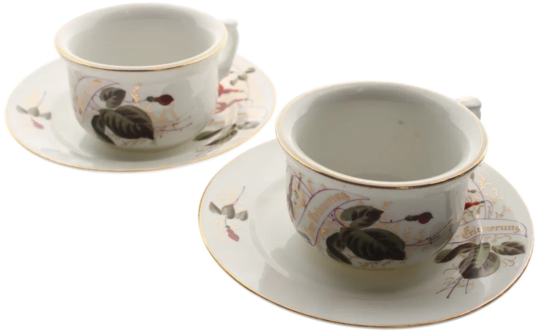  2 Antikes Tassen - mit Untertasse – Porzellan, handbemalt, „Zur Erinnerung“, Goldrand - Bild 1