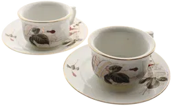  2 Antikes Tassen - mit Untertasse – Porzellan, handbemalt, „Zur Erinnerung“, Goldrand - Bild 1