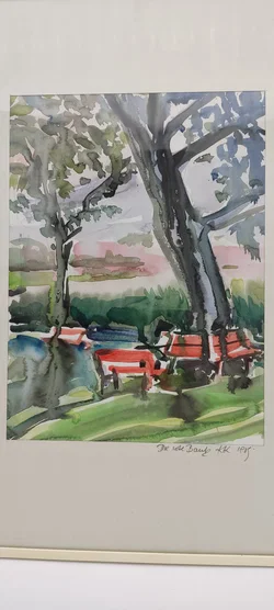 Gerahmtes Aquarell Bild 'Die Rote Bank' -1915 | Vintage-Schatz - Bild 4