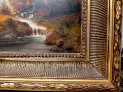 Ölgemälde Flusslandschaft mit Mühle, signiert H. Gruber, Goldstuckrahmen 54x44cm – Vorschau 2