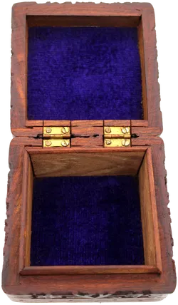 Kleine Holz-Schatulle, handgeschnitzt, ca. 10 × 10 × 6 cm, violett gefüttert, Messingscharniere - Bild 2