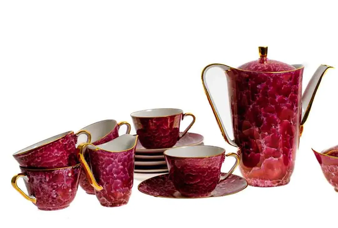 Eigl Porzellan Kaffeeservice lila marmoriert mit Goldrand - Bild 2