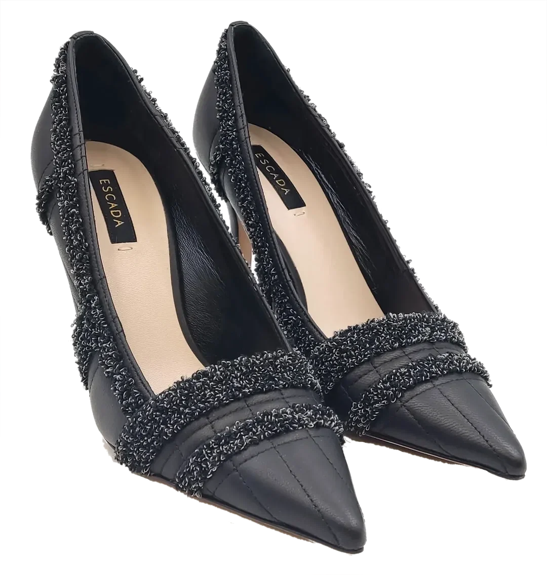 Escada Damen Lederpumps schwarz mit Tweed Besatz Gr. 37 - Bild 4