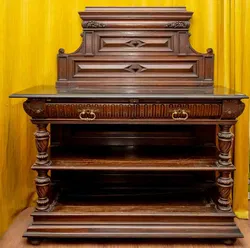 Vintage Antiker Ladentisch mit Aufsatz (Stein-Platte), Schnitzereien, L 132 cm, Holz - Bild 4