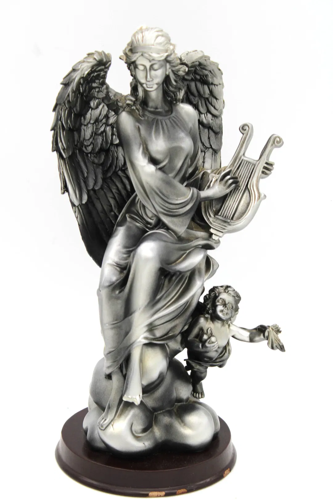 Engel Figur mit Lyra und Putto – Hartplastik Skulptur auf Holzsockel, ca. 33 cm - Bild 1