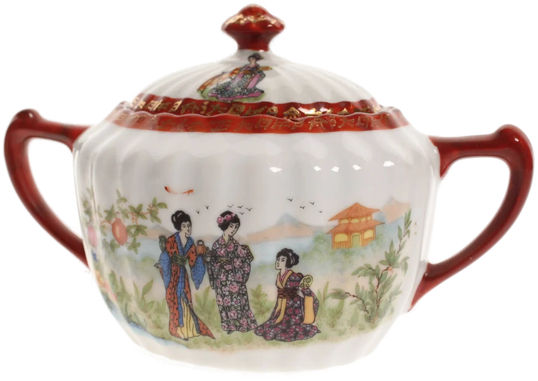 Japanisches Porzellan-Teeset mit Geisha-Dekor – 4-teilig, handbemalt, rot-gold – Bild 3