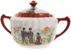 Japanisches Porzellan-Teeset mit Geisha-Dekor – 4-teilig, handbemalt, rot-gold - Bild 3