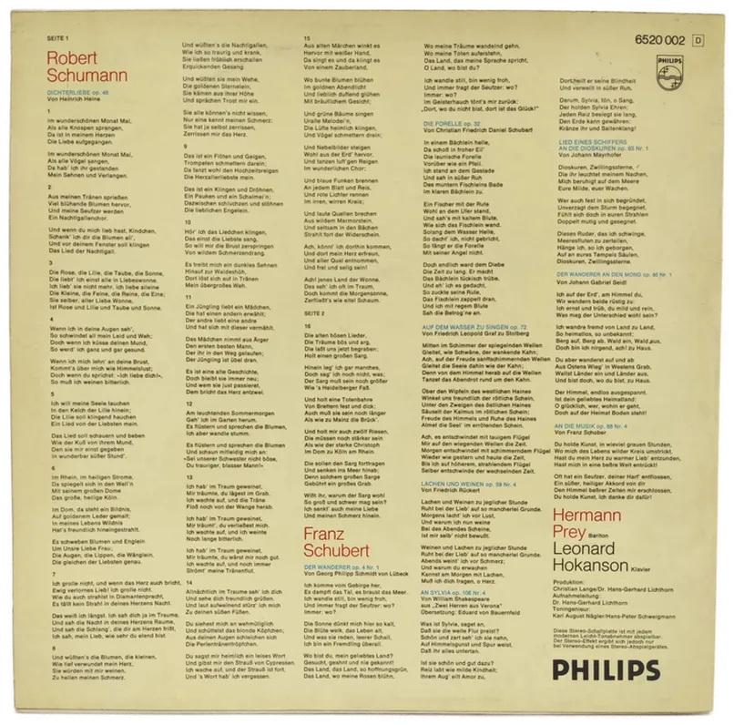 Vinyl LP - Hermann Prey, Franz Schubert, Robert Schumann - Acht ausgewählte Lieder – Bild 2