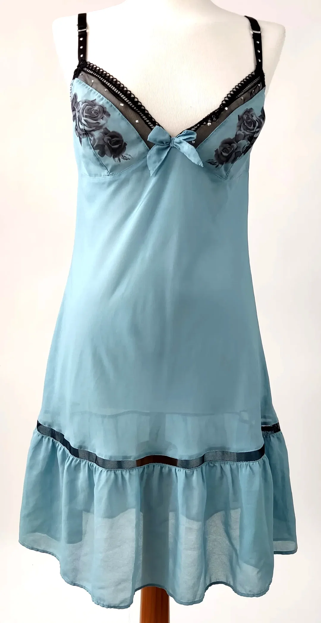 Etam Damen Negligé türkis mit Blumenmuster und Masche - Gr. FR 42 - Bild 1