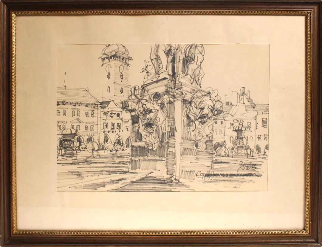 Bild Gerahmte Architekturzeichnung – Stadtansicht mit Brunnen und Figuren, signiert „W.B.“ - Bild 4