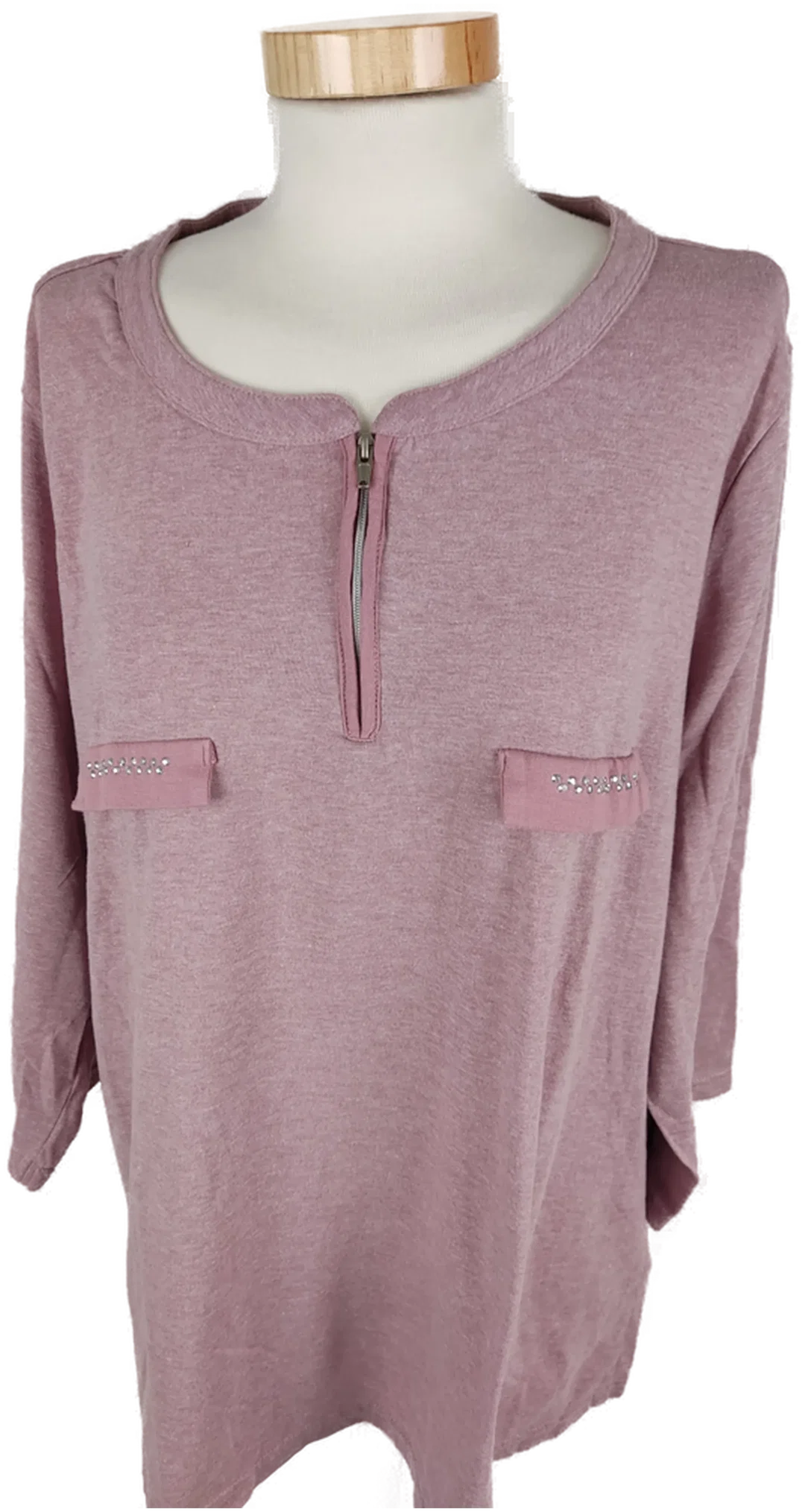 T-Shirt, dreiviertelarm mit Rundhalsausschnitt und Zipp, altrosa meliert, Größe 48 - Bild 1